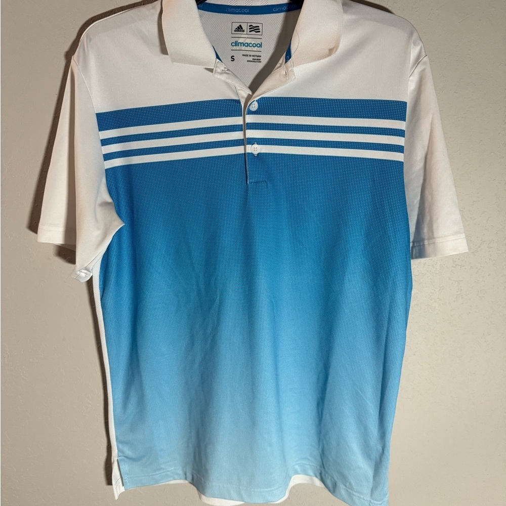 Men’s S White and Blue Adidas Climacool Lightweight Athletic Cooling Golf Polo
